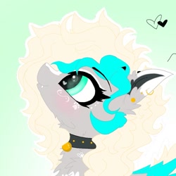 Size: 771x772 | Tagged: safe, artist:_wulfie, oc, oc only, oc:wulfie, earth pony, pony, chest fluff, collar, ear piercing, earring, earth pony oc, female, heart, jewelry, looking up, mare, piercing, simple background, solo