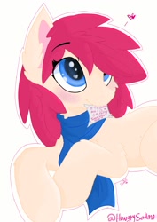 Size: 1200x1692 | Tagged: safe, artist:_wulfie, oc, oc only, earth pony, pony, clothes, earth pony oc, female, heart, heart eyes, looking up, mare, mouth hold, prone, scarf, solo, wingding eyes