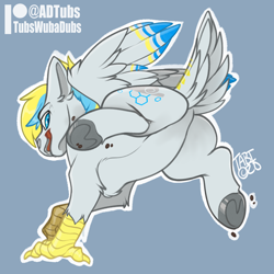 Size: 3000x3000 | Tagged: safe, artist:bagelbytes, oc, oc:cirrus sky, hippogriff, featureless crotch, high res, looking back, open mouth, raised tail, spread wings, tail, talons, underhoof, wings