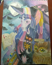 Size: 1377x1713 | Tagged: safe, artist:lloline, owlowiscious, twilight sparkle, bat, bird, human, owl, g4, book, clothes, duo, female, full moon, hat, humanized, moon, traditional art, witch, witch hat