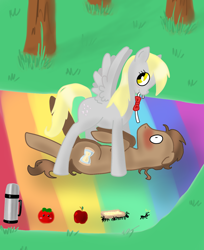 Size: 1200x1467 | Tagged: safe, artist:tomat-in-cup, derpy hooves, doctor whooves, time turner, earth pony, pegasus, pony, g4, apple, blushing, doctor who, female, food, male, mare, mouth hold, outdoors, picnic blanket, sonic screwdriver, stallion