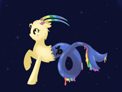 Size: 1600x1200 | Tagged: safe, artist:tomat-in-cup, oc, oc only, original species, pony, flying, horn, night, raised hoof, smiling, solo, stars