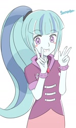 Size: 1089x1830 | Tagged: safe, artist:auntie_grub, sonata dusk, equestria girls, g4, my little pony equestria girls: rainbow rocks, blushing, cute, female, looking at you, peace sign, simple background, smiling, solo, sonatabetes, white background