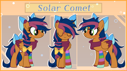 Size: 5000x2812 | Tagged: safe, artist:owljj one, oc, oc only, oc:solar comet, pegasus, pony, bow, clothes, disguise, disguised changeling, eyelashes, eyes closed, reference sheet, sock, socks, solo, striped socks, tail bow