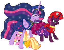 Size: 1373x1080 | Tagged: safe, alternate version, artist:徐詩珮, fizzlepop berrytwist, luster dawn, tempest shadow, twilight sparkle, alicorn, pony, unicorn, series:sprglitemplight diary, series:sprglitemplight life jacket days, series:springshadowdrops diary, series:springshadowdrops life jacket days, g4, the last problem, alicornified, alternate universe, angry, background removed, base used, chase (paw patrol), clothes, cute, cutie mark, cutie mark on clothes, dress, ethereal mane, everest (paw patrol), eye scar, female, lesbian, mare, marshall (paw patrol), older, older tempest shadow, older twilight, older twilight sparkle (alicorn), paw patrol, princess twilight 2.0, race swap, scar, scared, ship:tempestlight, shipping, simple background, starry mane, tempesticorn, transparent background, trio, twilight sparkle (alicorn)