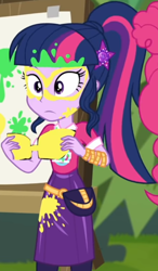 Size: 504x863 | Tagged: safe, screencap, pinkie pie, sci-twi, twilight sparkle, equestria girls, equestria girls series, g4, sunset's backstage pass!, spoiler:eqg series (season 2), beads, clothes, cropped, curly hair, cute, dress, female, geode of sugar bombs, geode of telekinesis, hairband, jewelry, magical geodes, music festival outfit, pants, short sleeves, smiling, twiabetes, wristband