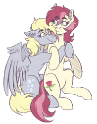 Size: 1800x2300 | Tagged: safe, artist:monnarcha, derpy hooves, roseluck, earth pony, pegasus, pony, g4, commission, derpyluck, digital art, female, flower, hug, hug from behind, lesbian, mare, rose, shipping, simple background, smiling, transparent background