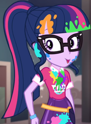 Size: 766x1038 | Tagged: safe, screencap, sci-twi, twilight sparkle, equestria girls, equestria girls specials, g4, my little pony equestria girls: better together, my little pony equestria girls: sunset's backstage pass, bangs, clothes, collar, cropped, cute, female, glasses, indoors, messy, music festival outfit, paint, ponytail, public bathroom, shirt, short sleeves, skirt, smiling, solo, talking, twiabetes, wristband