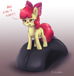 Size: 2264x2314 | Tagged: safe, artist:buttersprinkle, apple bloom, earth pony, pony, g4, adorabloom, angry, blatant lies, computer mouse, cute, female, filly, gradient background, high res, micro, smol, solo, text, tiny, tiny ponies
