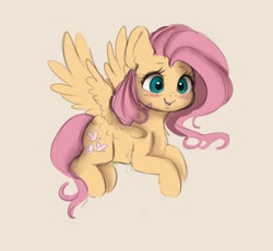 Size: 2308x2126 | Tagged: safe, artist:miokomata, fluttershy, pegasus, pony, blushing, chest fluff, cute, fangs, female, flying, freckles, freckleshy, high res, mare, open mouth, shyabetes, simple background, smiling, solo, spread wings, white background, wings