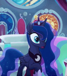 Size: 685x779 | Tagged: safe, screencap, princess luna, alicorn, pony, g4, my little pony: the movie, animated, beautiful, canterlot castle, cropped, crown, ethereal mane, ethereal tail, eyeshadow, female, flowing mane, flowing tail, folded wings, jewelry, luna is not amused, makeup, mare, multicolored tail, narrowed eyes, offscreen character, peytral, raised eyebrow, raised hoof, regalia, solo focus, starry mane, starry tail, throne, throne room, unamused