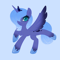 Size: 3000x3000 | Tagged: safe, artist:tosh03x, princess luna, alicorn, pony, g4, art, blue, blue background, cute, female, freckles, full body, high res, jewelry, looking at you, simple background, solo, stars, wings