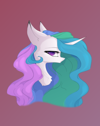 Size: 1280x1613 | Tagged: safe, artist:justeuge, princess celestia, alicorn, pony, g4, bust, female, hair over one eye, mare, portrait, profile, red background, simple background, solo