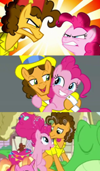 Size: 1230x2090 | Tagged: safe, edit, edited screencap, screencap, cheese sandwich, gummy, luster dawn, pinkie pie, alligator, earth pony, pony, unicorn, g4, pinkie pride, the last laugh, the last problem, couple, female, friends, male, mare, older, older cheese sandwich, older cheesepie, older pinkie pie, ship:cheesepie, shipping, stallion, straight, then and now