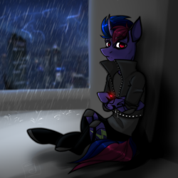 Size: 2000x2000 | Tagged: safe, artist:jaywaan, oc, oc only, pony, unicorn, clothes, crossed hooves, curved horn, frown, gift art, glowing, high res, horn, jacket, leather jacket, male, rain, red eyes, shirt, sitting, stallion, tattoo, undershirt