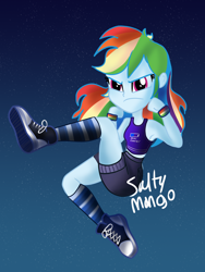 Size: 1536x2048 | Tagged: safe, artist:saltymango, rainbow dash, equestria girls, g4, action pose, alternate clothes, angry, armpits, clothes, converse, cute, dashabetes, female, night, pink eyes, rainbow dash always dresses in style, shoes, shorts, sky, sneakers, solo, tank top, tomboy, wristband