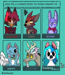 Size: 540x624 | Tagged: safe, artist:jakeiichann, discord, deer, demon, draconequus, fox, rabbit, robot, undead, wendigo, g4, :p, alastor, animal, animatronic, annoyed, bonnie (fnaf), bowtie, bust, clothes, crossover, deer demon, eyepatch, fairy tail, five nights at freddy's, foxy, grin, hazbin hotel, hellaverse, male, one eye closed, overlord demon, paw pads, paws, question mark, sinner demon, six fanarts, smiling, that's entertainment, tongue out, unamused, underpaw, wings, wink