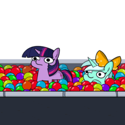 Size: 1024x1024 | Tagged: safe, artist:tjpones edits, edit, part of a set, lyra heartstrings, twilight sparkle, pony, unicorn, g4, animated, ball pit, bow, duo, female, mare, simple background, sinking, twiggie, white background