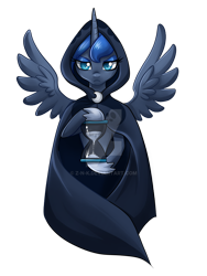 Size: 900x1200 | Tagged: safe, artist:ailish, princess luna, alicorn, pony, g4, cloak, clothes, deviantart watermark, female, hourglass, looking at you, mare, obtrusive watermark, simple background, solo, spread wings, transparent background, watermark, wings