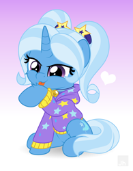 Size: 5000x6414 | Tagged: safe, artist:jhayarr23, part of a set, trixie, pony, unicorn, g4, absurd resolution, alternate hairstyle, babysitter trixie, behaving like a cat, cheek fluff, clothes, cute, diatrixes, female, gameloft interpretation, heart, hoodie, hoof licking, leg fluff, licking, mare, pigtails, sitting, solo, tongue out