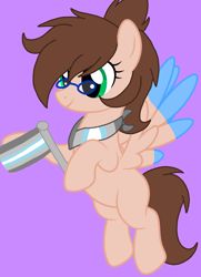 Size: 1376x1904 | Tagged: safe, artist:circuspaparazzi5678, oc, oc only, oc:ash, pegasus, pony, bandana, base used, blue tips, brown mane, demiboy, demiboy pride flag, glasses, green eyes, pride, pride flag, pride month, requested art, smiling, solo
