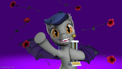 Size: 1280x720 | Tagged: safe, artist:batponyecho, oc, oc only, oc:echo, bat pony, pony, 3d, bat pony oc, bat wings, cheering, delighted, fangs, female, flower, happy, looking at you, love, pleased, rose, smiling at you, solo, source filmmaker, spread wings, trophy, waving, wings