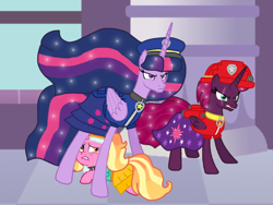 Size: 1440x1080 | Tagged: safe, artist:徐詩珮, fizzlepop berrytwist, luster dawn, tempest shadow, twilight sparkle, alicorn, pony, unicorn, series:sprglitemplight diary, series:sprglitemplight life jacket days, series:springshadowdrops diary, series:springshadowdrops life jacket days, g4, the last problem, alicornified, alternate universe, angry, base used, chase (paw patrol), clothes, cute, cutie mark, cutie mark on clothes, dress, ethereal mane, everest (paw patrol), eye scar, female, lesbian, mare, marshall (paw patrol), older, older tempest shadow, older twilight, older twilight sparkle (alicorn), paw patrol, princess twilight 2.0, race swap, scar, scared, ship:tempestlight, shipping, starry mane, tempesticorn, twilight sparkle (alicorn)