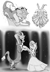 Size: 2800x4010 | Tagged: safe, artist:chopsticks, derpibooru exclusive, discord, fluttershy, draconequus, pony, g4, bath, beauty and the beast, belle, bipedal, bow, bubble bath, butt fluff, cheek fluff, clothes, cute, dancing, discute, disney, dress, female, fluffy, folded wings, grayscale, looking at each other, male, mare, monochrome, scene interpretation, ship:discoshy, shipping, smiling, stars, straight, the beast, wings