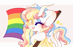 Size: 3300x2100 | Tagged: safe, artist:etoz, oc, oc only, oc:rainbow dreams, pegasus, pony, blushing, commission, eye clipping through hair, female, flag, gay pride, gay pride flag, high res, horn, horns, leonine tail, lgbt, mare, one eye closed, pegasus oc, pride, pride flag, pride month, ribbon, simple background, smiling, stars, two toned wings, wings, wink, ych result