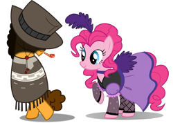 Size: 3519x2500 | Tagged: safe, artist:dashiesparkle edit, edit, cheese sandwich, pinkie pie, g4, over a barrel, pinkie pride, castle creator, clothes, crossed hooves, dress, female, high res, inkscape, male, party horn, ponyscape, raised hoof, saloon dress, saloon pinkie, shadow, ship:cheesepie, shipping, simple background, stockings, straight, the pony with no name, thigh highs, transparent background, vector
