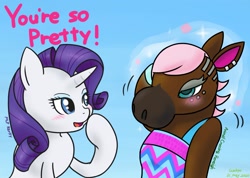Size: 1340x953 | Tagged: safe, artist:wakyaot34, rarity, horse, pony, unicorn, anthro, g4, animal crossing, animal crossing: new horizons, blushing, clothes, crossover, crossover shipping, dialogue, dress, ear piercing, earring, english, female, horse-pony interaction, jewelry, lesbian, mare, piercing, reneigh, shipping, sparkles