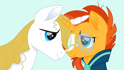 Size: 1500x844 | Tagged: safe, artist:cloudy glow, prince blueblood, sunburst, pony, unicorn, g4, bloodburst, blue background, crack shipping, gay, glasses, looking at each other, male, movie accurate, shipping, simple background, stallion