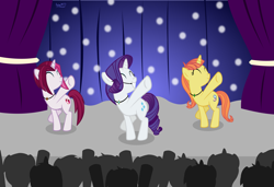 Size: 4639x3166 | Tagged: safe, artist:ironm17, cayenne, citrus blush, rarity, pony, unicorn, g4, ^^, curtains, dancing, eyes closed, female, grin, jewelry, mare, necklace, raised hoof, silhouette, singing, smiling, trio, trio female