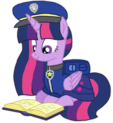 Size: 937x1029 | Tagged: safe, artist:徐詩珮, twilight sparkle, alicorn, pony, series:sprglitemplight diary, series:sprglitemplight life jacket days, series:springshadowdrops diary, series:springshadowdrops life jacket days, g4, alternate universe, backpack, base used, book, chase (paw patrol), clothes, cute, eyelashes, female, hat, lying down, mare, paw patrol, paw prints, prone, reading, simple background, smiling, solo, studying, transparent background, twilight sparkle (alicorn)