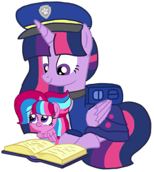 Size: 925x1032 | Tagged: safe, artist:徐詩珮, twilight sparkle, oc, oc:bubble sparkle, alicorn, pony, bubbleverse, series:sprglitemplight diary, series:sprglitemplight life jacket days, series:springshadowdrops diary, series:springshadowdrops life jacket days, g4, alternate universe, baby, baby pony, base used, chase (paw patrol), clothes, cute, female, like mother like daughter, like parent like child, magical lesbian spawn, magical threesome spawn, mother and child, mother and daughter, multiple parents, next generation, offspring, parent:glitter drops, parent:spring rain, parent:tempest shadow, parent:twilight sparkle, parents:glittershadow, parents:sprglitemplight, parents:springdrops, parents:springshadow, parents:springshadowdrops, paw patrol, simple background, studying, transparent background, twilight sparkle (alicorn)