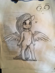 Size: 1536x2048 | Tagged: safe, artist:miokomata, fluttershy, pegasus, semi-anthro, g4, arm hooves, belly button, bipedal, chest fluff, colored hooves, female, floppy ears, freckles, freckleshy, heart, human shoulders, solo, traditional art