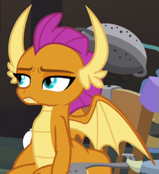 Size: 503x551 | Tagged: safe, screencap, smolder, dragon, a horse shoe-in, g4, bored, chair, cropped, doctor whooves' lab, dragoness, fangs, female, frown, horns, invention, laboratory, looking at someone, narrowed eyes, smolder is not amused, solo, spread wings, teenaged dragon, teenager, unamused, unimpressed, waiting