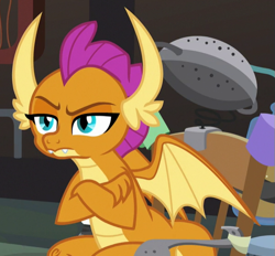 Size: 599x555 | Tagged: safe, screencap, smolder, dragon, a horse shoe-in, bored, chair, claws, cropped, crossed arms, dragoness, fangs, female, horns, laboratory, narrowed eyes, raised eyebrow, smolder is not amused, solo, spread wings, teenaged dragon, teenager, unamused