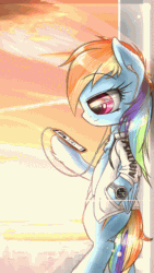 Size: 360x640 | Tagged: safe, artist:phoenixrk49, rainbow dash, pegasus, pony, semi-anthro, g4, animated, arm hooves, bipedal, cellphone, chest fluff, clothes, crepuscular rays, female, folded wings, gif, headphones, hoof hold, leaning, listening, phone, profile, smartphone, solo, watch, wings, wristwatch