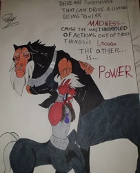 Size: 750x925 | Tagged: safe, artist:mhyyy.v, idw, lord tirek, centaur, g4, crying, duality, male, nose piercing, nose ring, piercing, sad, septum piercing, signature, text, traditional art, young tirek, younger