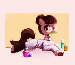 Size: 2138x1870 | Tagged: safe, artist:raily, oc, oc only, earth pony, pony, chemicals, chemistry, clothes, glasses, lab coat, lying down, prone, scientist