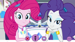 Size: 1920x1080 | Tagged: safe, edit, edited screencap, screencap, pinkie pie, rarity, do it for the ponygram!, equestria girls, g4, my little pony equestria girls: better together, alternate hairstyle, duo, duo female, female, geode of empathy, geode of fauna, geode of shielding, geode of sugar bombs, geode of super speed, geode of super strength, geode of telekinesis, hairstyle swap, looking at you, magical geodes, pinkie pie hair, rarity hair, rarity peplum dress, rarity's bedroom, they know, webcam