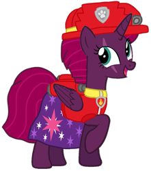 Size: 911x1030 | Tagged: safe, artist:徐詩珮, fizzlepop berrytwist, tempest shadow, alicorn, pony, series:sprglitemplight diary, series:sprglitemplight life jacket days, series:springshadowdrops diary, series:springshadowdrops life jacket days, g4, alicornified, alternate universe, base used, clothes, cute, marshall (paw patrol), paw patrol, race swap, simple background, tempesticorn, transparent background