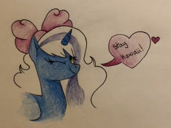 Size: 2535x1892 | Tagged: safe, artist:warriorofthesouth, oc, oc:fleurbelle, alicorn, pony, adorabelle, alicorn oc, bow, cute, female, hair bow, heart, horn, mare, one eye closed, speech bubble, traditional art, wings, wink, winking at you, yellow eyes