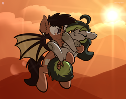 Size: 3250x2560 | Tagged: safe, artist:php142, oc, oc only, oc:bree jetpaw, oc:lonestar, bat pony, dog, dog pony, pony, boop, commission, cute, female, high res, hill, holding a pony, male, mare, mountain, outdoors, stallion, sunset