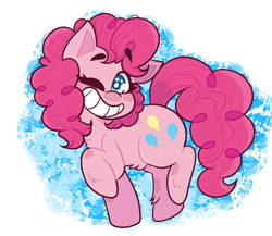 Size: 792x687 | Tagged: safe, artist:girl-in-a-hoodie, pinkie pie, earth pony, pony, g4, abstract background, belly fluff, chest fluff, colored pupils, cute, diapinkes, female, grin, heart eyes, leg fluff, looking at you, mare, one eye closed, smiling, solo, wingding eyes, wink