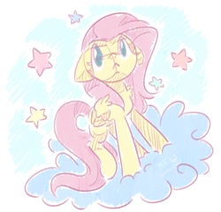 Size: 1212x1164 | Tagged: safe, artist:wavecipher, fluttershy, pegasus, pony, g4, :<, cloud, female, floppy ears, folded wings, mare, on a cloud, raised leg, sketch, solo, standing, stars, wings