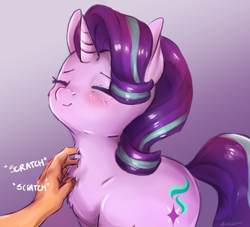Size: 2804x2542 | Tagged: safe, alternate character, alternate version, artist:buttersprinkle, starlight glimmer, human, pony, g4, behaving like a cat, blushing, buttersprinkle is trying to murder us, chest fluff, cute, daaaaaaaaaaaw, disembodied hand, eyes closed, glimmerbetes, hand, high res, human on pony petting, offscreen character, offscreen human, petting, purring, scratching, simple background