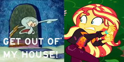 Size: 2000x1000 | Tagged: safe, edit, edited screencap, screencap, pinkie pie, sunset shimmer, equestria girls, equestria girls specials, g4, my little pony equestria girls: better together, my little pony equestria girls: sunset's backstage pass, angry, bloodshot eyes, geode of empathy, good neighbors, magical geodes, male, nickelodeon, pointing, shrunken pupils, spongebob squarepants, squidward tentacles, wrong aspect ratio