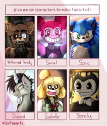 Size: 1080x1271 | Tagged: safe, artist:creepy_plant_from_toyland, discord, bear, demon, dog, draconequus, gem (race), hedgehog, robot, anthro, g4, spoiler:steven universe: the movie, :d, animal crossing, animatronic, bendy, bendy and the ink machine, bust, chest fluff, clothes, crossover, female, five nights at freddy's, five nights at freddy's 2, freddy fazbear, gem, isabelle, makeup, male, open mouth, running makeup, six fanarts, smiling, sonic movie 2020, sonic the hedgehog, sonic the hedgehog (series), spinel, spinel (steven universe), spoilers for another series, steven universe, steven universe: the movie, white eyes, withered freddy